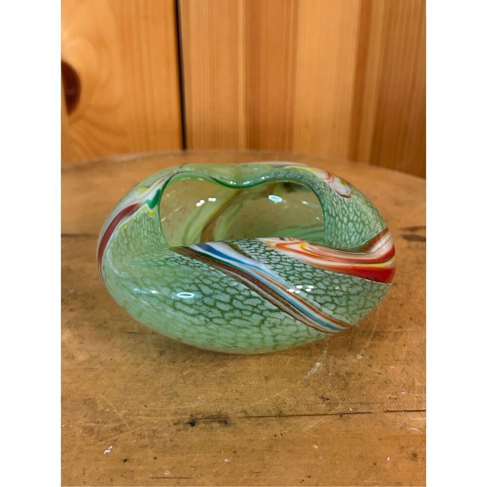 Mid Century Japan Green Art Glass Ashtray Trinket Dish (8189)